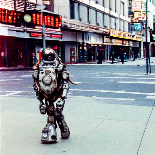 Prompt: photo of mech warrior walking on busy street, cinestill, 8 0 0 t, 3 5 mm, full - hd