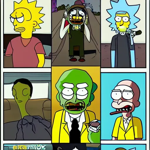 Image similar to breaking bad crossover with rick and morty and the simpson, fanart trending on artstation, deviantart