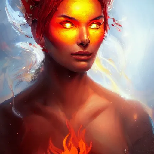 Prompt: A stunning portrait of a flame goddess by Andrews Esao, fantasy, Trending on artstation.