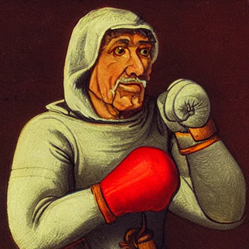 Image similar to a medieval peasant wearing boxing gloves ready to fight