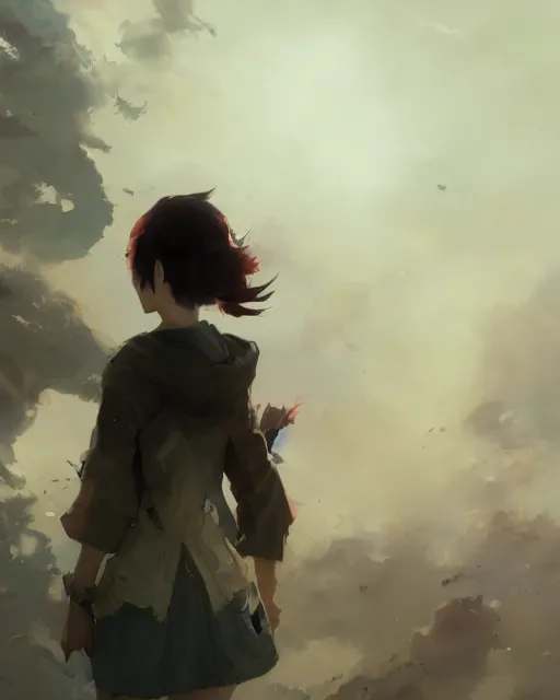 Image similar to a young japanese woman with very short hair looking to the skies, cinematic lighting, dramatic atmosphere, artwork by dustin nguyen, akihiko yoshida, greg tocchini, greg rutkowski, cliff chiang, 4 k resolution, trending on artstation,