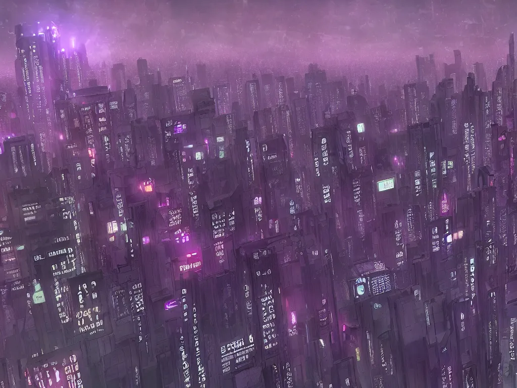 Image similar to blade runner city, high quality, cyberpunk, purple, russian doomer panel houses