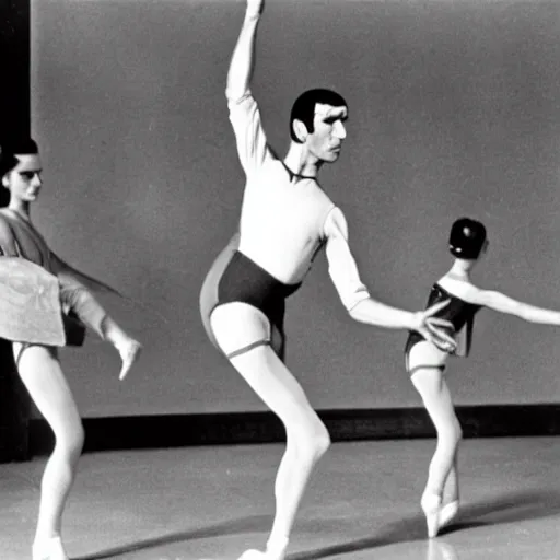 Image similar to mr spock wearing a blue tutu taking ballet lessons from a female klingon ballet teacher