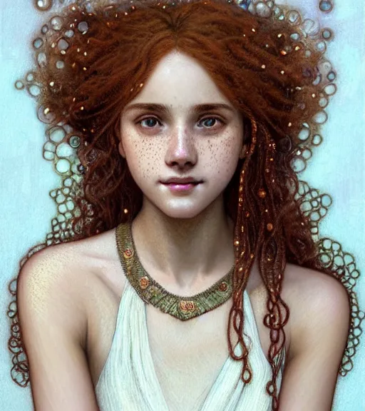 Prompt: portrait of teenage aphrodite, light freckles, curly copper colored hair, smiling kindly, wearing an embroidered white linen dress, lace neckline, intricate, elegant, mother of pearl jewelry, glowing lights, highly detailed, digital painting, artstation, concept art, smooth, sharp focus, illustration, art by wlop, mucha, artgerm, and greg rutkowski