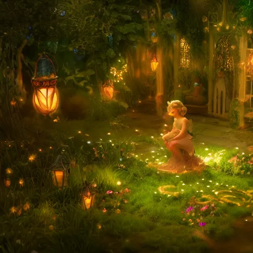 Image similar to fairy glowing magically at night concept art, realistic garden, beautiful, glorious, matte painting, highly detailed, trending on artstation, 4 k, rendered in octane