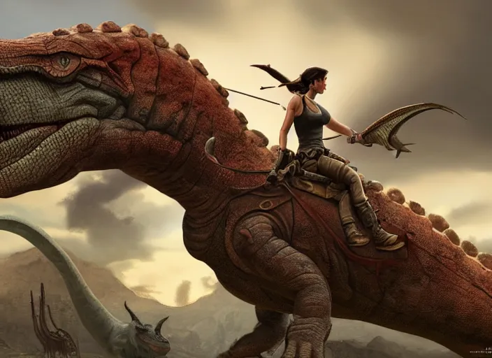 Prompt: Lara Croft riding a large dinosaur creature, intricate, elegant, highly detailed, centered, digital painting, artstation, concept art, smooth, sharp focus, illustration, Boris Villejo, Julie Bell, Rowena Morrill, Patrick Jones, Keith Parkinson, Brom, Donato, Stephen Hickman, Don Maitz, Greg Hildebrandt