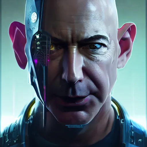 Image similar to front view, vicious, mad, ominous portrait of Jeff Bezos as a cyberpunk 2077 loading screen, symmetry, front view, intricate, studio, art by anthony macbain + greg rutkowski + alphonse mucha, concept art, 4k, sharp focus