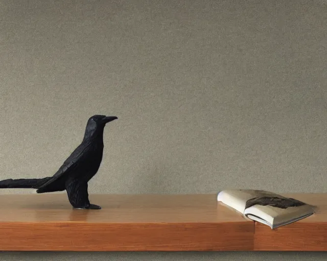 Prompt: a modern history textbook page that's showing 'wooden table holding ancient effigy of a raven', clay sculpture, photograph, zoomed out, trending on tumblr