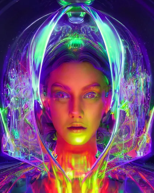 Image similar to a powerful energy psychedelic matrix queen, by alexander fedosav, hyper detailed digital matte painting, concept art, hyperrealism, 1 6 k resolution, cinema 4 d, 8 k resolution, trending on artstation, behance hd, a masterpiece, by stephan martiniere, particles, cel - shaded, power bright neon energy, by david a. hardy,