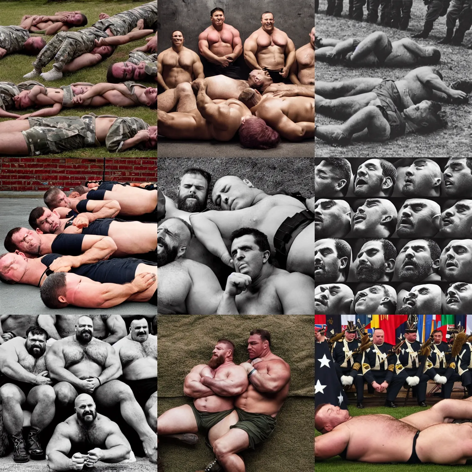 Prompt: regiment of big burly military strongmen laying down together, photography