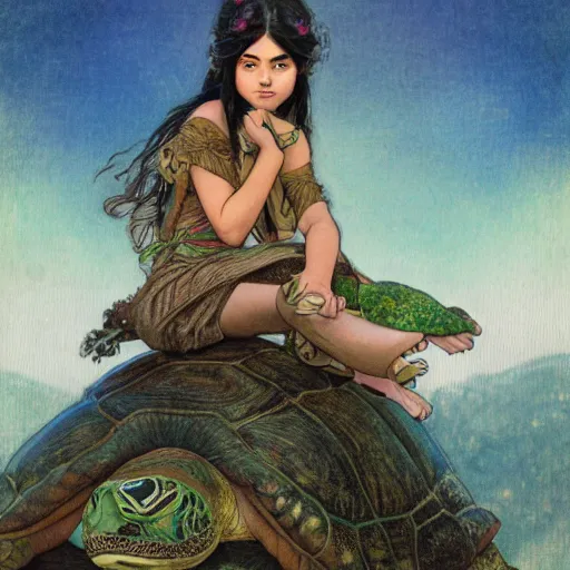 Image similar to a little warrior girl sitting on top of one giant turtle with a wise face looking at her. the girl has dark skin and beautiful green eyes, realistic full body and a very beautiful detailed symmetrical face with long black hair. diffuse light, dramatic sky and landscape, long shot fantasy illustration by mucha