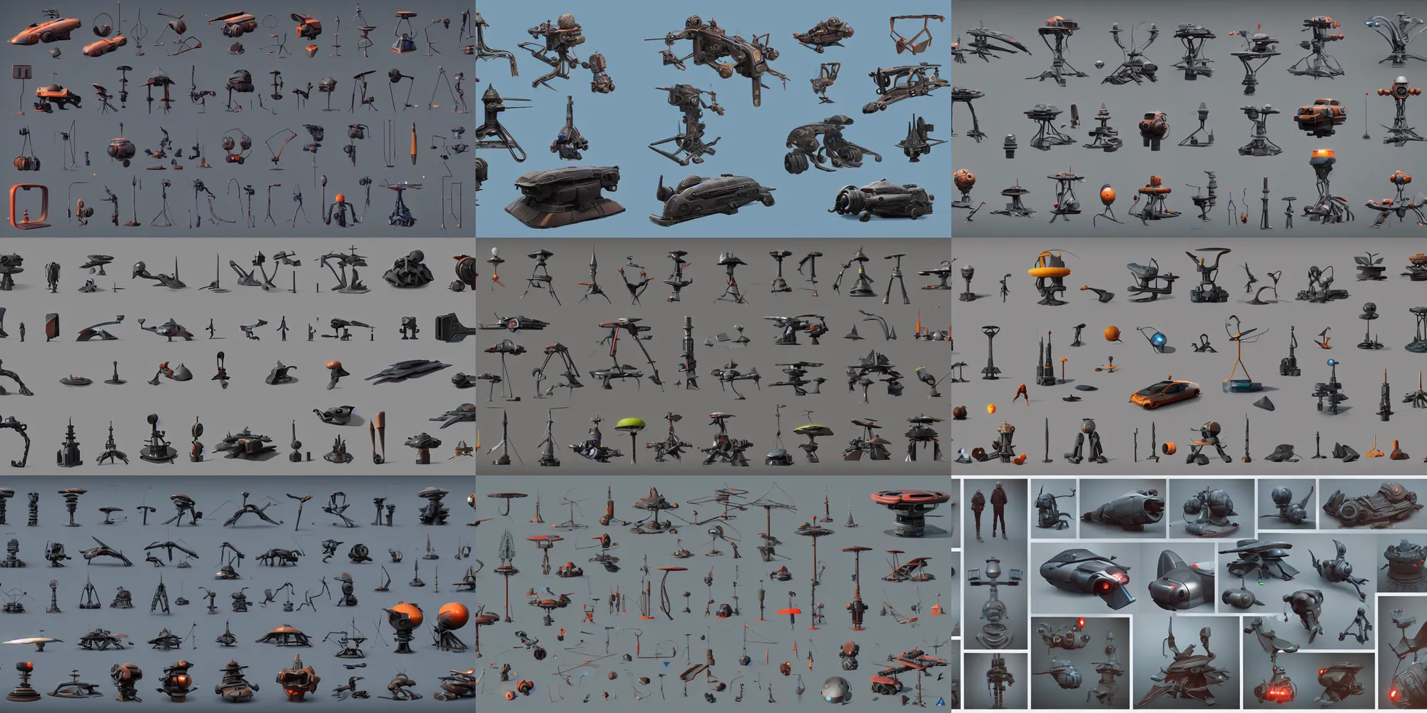 Prompt: collection of exploration shapes and form kitbash, hard surface, futuristic, simon stalenhag, big medium small, props, small gadget, insanely details, close up, game assets, modular