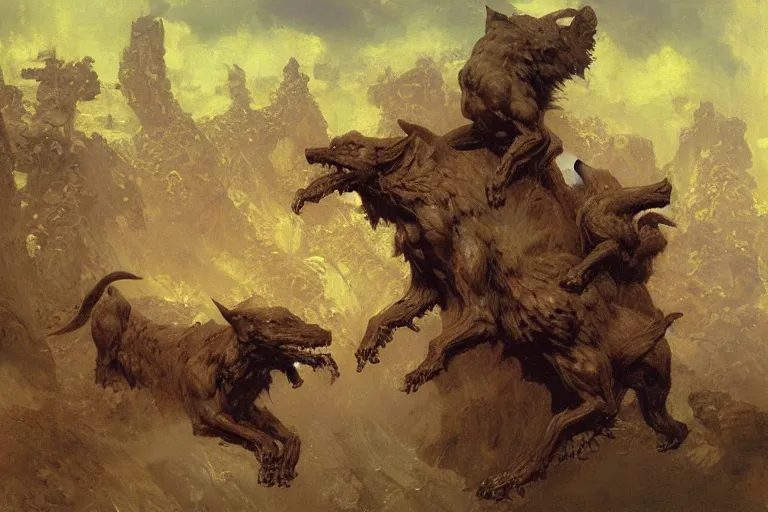 Image similar to hyperdetailed matte art of cerberus by ilya repin, amano, rene magritte, craig mullins