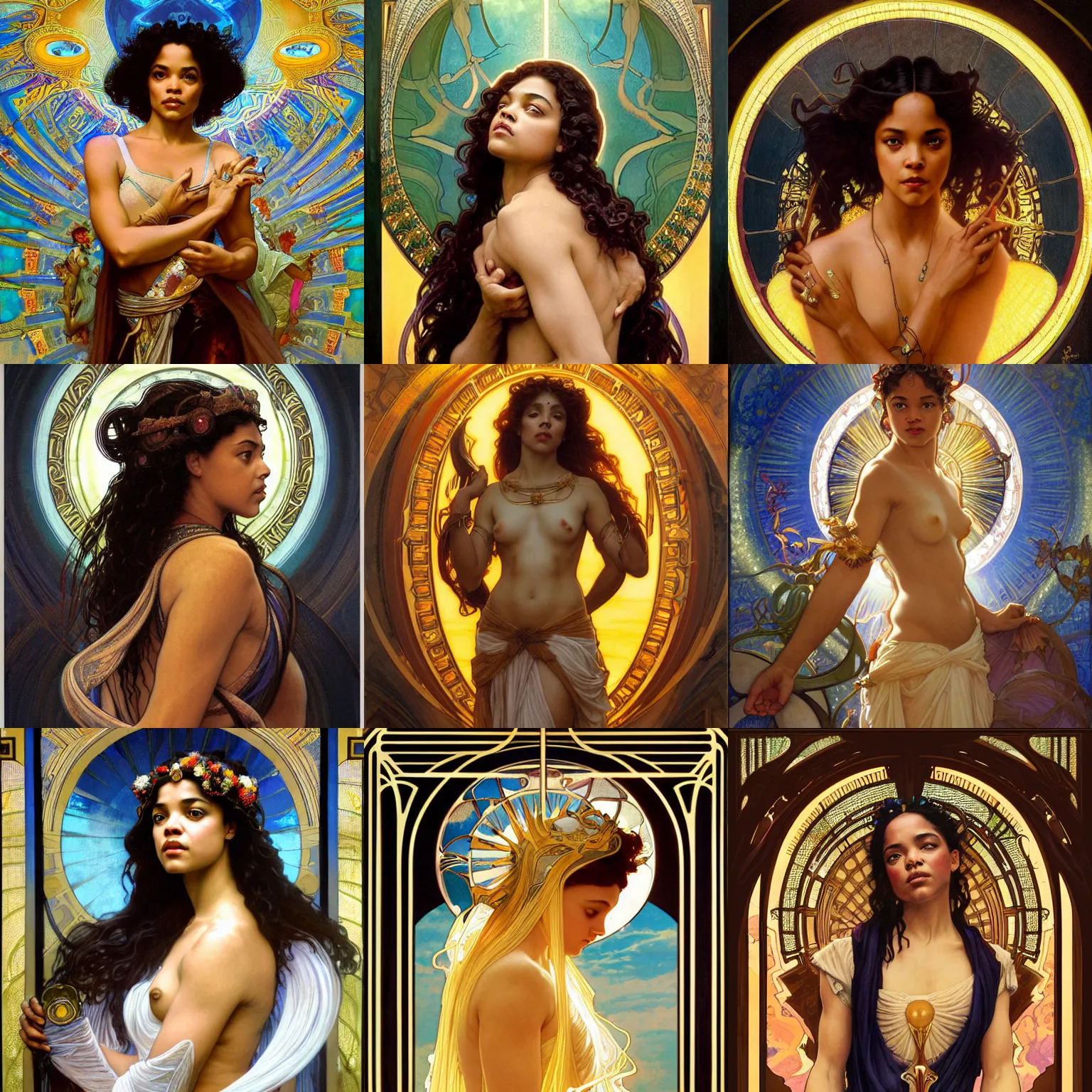 Prompt: stunning, breathtaking, awe-inspiring award-winning concept art nouveau painting of attractive Tessa Thompson as the goddess of the sun, with anxious, piercing eyes, by Alphonse Mucha, Michael Whelan, William Adolphe Bouguereau, John Williams Waterhouse, and Donato Giancola, cyberpunk, extremely moody lighting, glowing light and shadow, atmospheric, cinematic, 8K