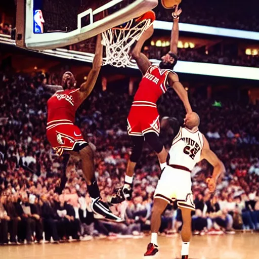 Image similar to professional nba photograph of lebron james dunking on michael jordan, award - winning photograph, highly detailed, dramatic posing, 8 k quality, high quality