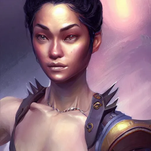 Image similar to beautiful, very strong, mixed race, female, middle aged, face, no makeup, head shot, fantasy, highly detailed, digital painting, artstation, concept art, smooth, sharp focus, illustration, art by jodie muir and brom