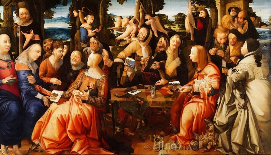 Image similar to people using smartphones, renaissance painting, oil painting, hyperdetailed