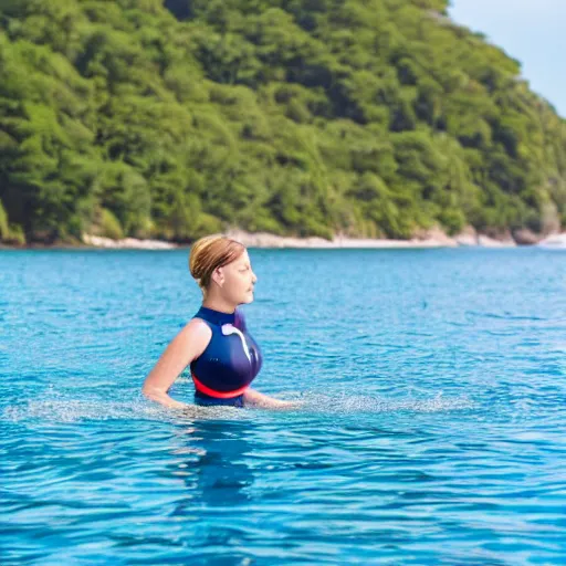 Prompt: adult girl in swimsuit wearing flippers swimming to the bottom of the ocean inflated chest holding breath