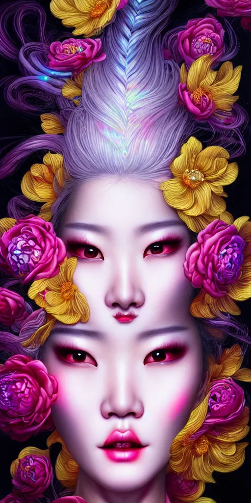 Image similar to hyperrealistic close-up of beautiful chinese woman with white hair and iridescent gold skin hannah yata dramatic neon lighting