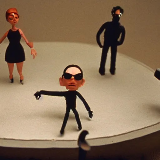 Image similar to claymation scene of the matrix