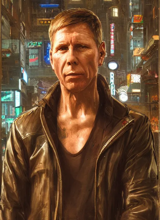 Image similar to kent hovind. cyberpunk mercenary in a cyberpunk jumpsuit ( blade runner 2 0 4 9, cyberpunk 2 0 7 7 ). orientalist portrait by john william waterhouse and james gurney and theodore ralli and nasreddine dinet, oil on canvas. cinematic, hyper realism, realistic proportions, dramatic lighting, high detail 4 k