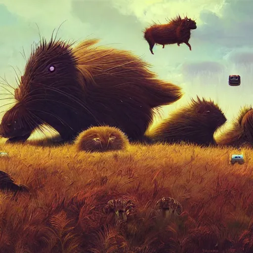 Image similar to Landscape Plains Panorama Wild enormous Hamster Behemoths roaming the windswept field simon stalenhag gerald brom christopher lovell daniela uhlig allison carl hiro izawa paul chadeisson pastel painting