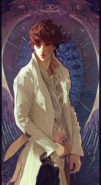 Image similar to Pretty fantasy catboy in his twenties wearing fancy clothes. Beautiful digital art by Greg Rutkowski and Alphonse Mucha. Cat ears