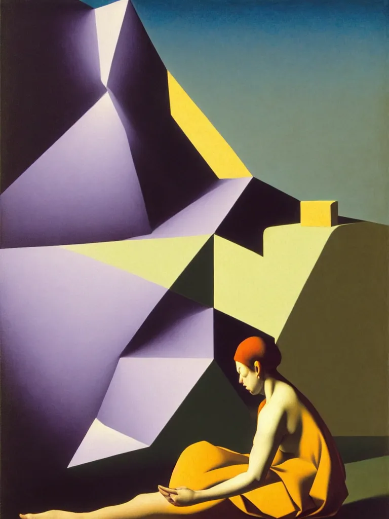 Image similar to hyperrealistic still life wide shot a woman dressed in loose fabric, sitting on the ground relaxing, sacred geometry, light refracting through prisms, by caravaggio, surrealism, vivid colors, serene, golden ratio, rule of thirds, negative space, minimalist composition, by rene magritte and james turrell