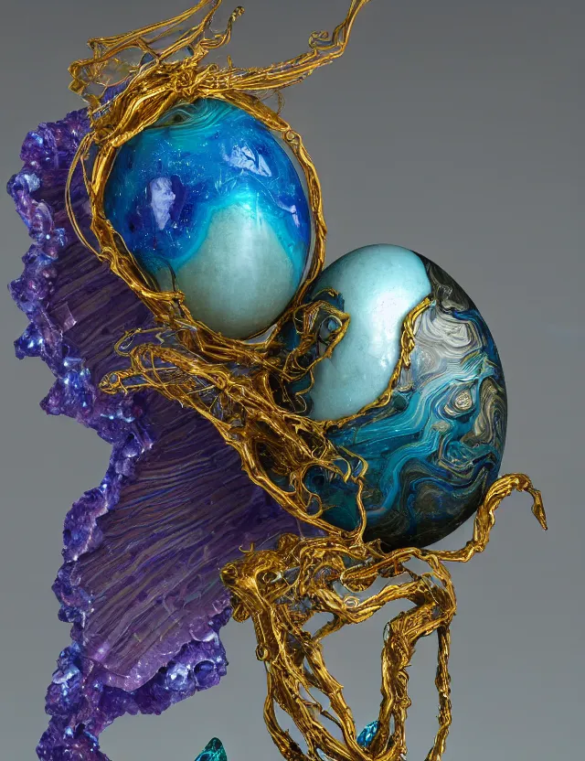 Image similar to a photo of a sculpture of a winged child made from blue and emerald and amethyst crystal geode formations with a marble egg with obsidian base with liquid gold tendrils flowing by ellen jewett by stanisław szukalski, octane render, byzantine, spirals, tendrils, elestial crystals, geode,