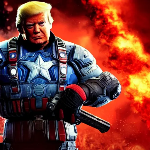 Image similar to Portrait! of President Donald Trump as ((captain america)) in Gears of War, splash art, movie still, cinematic lighting, dramatic, octane render, long lens, shallow depth of field, bokeh, anamorphic lens flare, 8k, hyper detailed, 35mm film grain