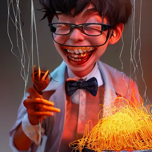 Image similar to a mad scientist in a back yard laughing happily at the spaghetti which is falling from the sky , made by Stanley Artgerm Lau, WLOP, Rossdraws, ArtStation, CGSociety, concept art, cgsociety, octane render, trending on artstation, artstationHD, artstationHQ, unreal engine, 4k, 8k,