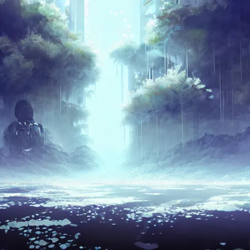 Prompt: vague antidescriptive acrylic vital exopoison fluid blob nier automata pixiv scenery artwork : nature dream vegetation magic density infinite, macro seminal dream points of icy, frozen vaporwave shards tempted to turn into a dream scenery, high quality topical render, nier automata, concept art