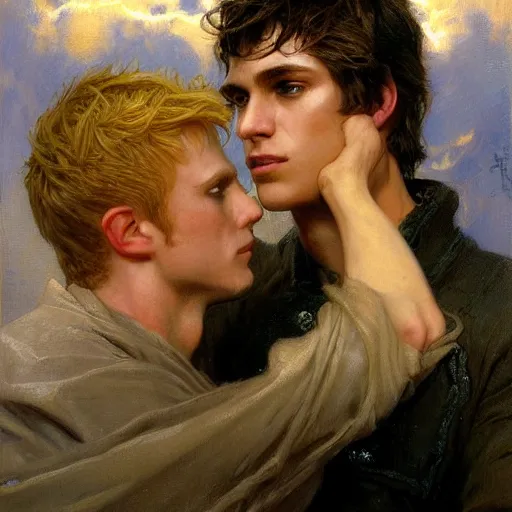 Image similar to attractive male, arthur pendragon who has blond hair confesses his love to attractive male, merlin who has dark hair. highly detailed painting by gaston bussiere, craig mullins, j. c. leyendecker 8 k