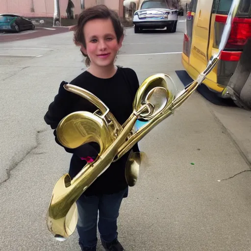 Prompt: a cute lil' trombone dog
