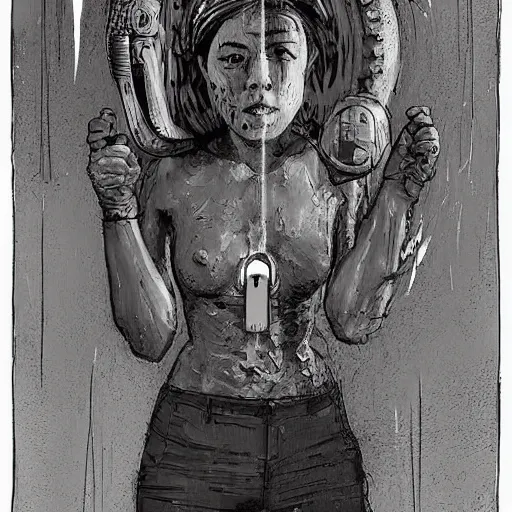 Image similar to A illustration. A rip in spacetime. Did this device in her hand open a portal to another dimension or reality?! dieselpunk by Alberto Giacometti, by Arthur Adams, by Sean Yoro dynamic, realistic