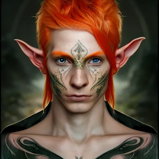 Image similar to portrait painting of an elven eladrin young man with short light orange hair and freckles and fine tribal tattoos on his cheekbones, ultra realistic, concept art, intricate details, eerie, highly detailed, photorealistic, octane render, 8 k, unreal engine. art by artgerm and greg rutkowski and charlie bowater and magali villeneuve and alphonse mucha