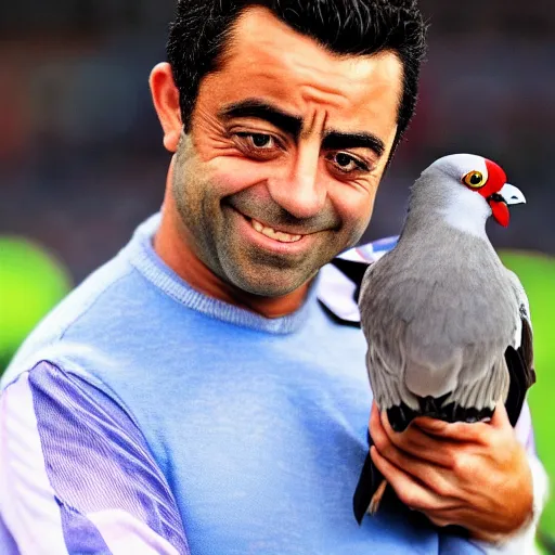 Image similar to High quality front photo of Xavi Hernandez holding a pigeon in his arms