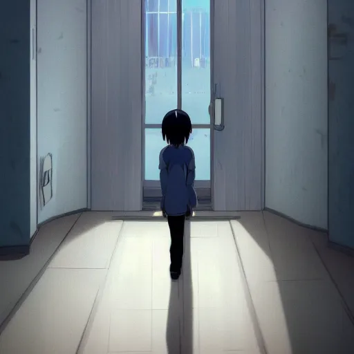 Prompt: a person standing in a room with a door open, an anime drawing by makoto shinkai, cgsociety, postminimalism, anime aesthetic, anime, official art h - 7 6 8