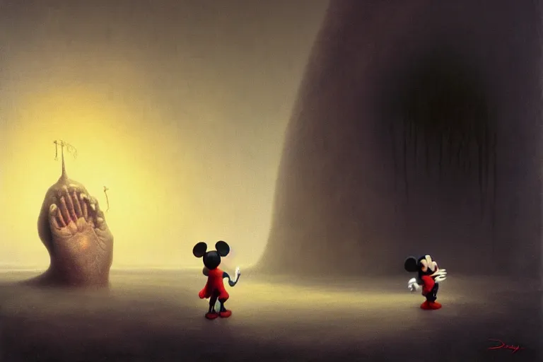 Image similar to life of mickey mouse, scene features mickey mouse, by zdzislaw beksinski, by dariusz zawadzki, by wayne barlowe, gothic, surrealism, cosmic horror, lovecraftian, cold hue's, warm tone gradient background, concept art, beautiful composition