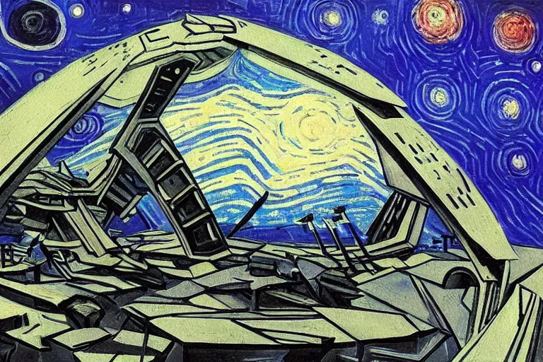 Image similar to brutalism spaceship near jupiter as painted by van gogh, detailed, wet brush, poster art