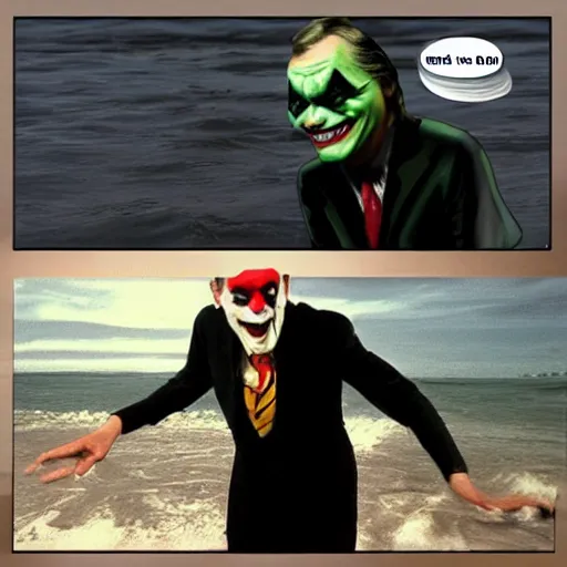 Image similar to surfing bill gates as mr. bean as the joker from batman, surfing still from batman vs bean at the beach, 2 0 2 0