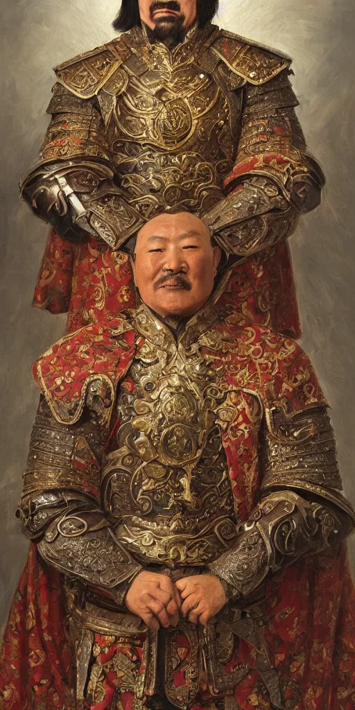 Image similar to a stunning and noble highly detailed romantic period style portrait of Genghis Khan by Josep Tapiró Baró, trending on artstation, oil painting masterpiece, symmetry, fractals, Mongolian iconography