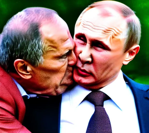 Image similar to vladimir putin kisses sergey lavrov, animals mating, lovely kiss, kiss mouth to mouth, romantic, emotional, love scene, insane details, clear face and eyes, textured, 8 k, professional photography, animal world, discovery channel