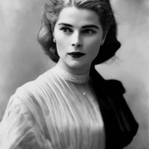 Prompt: edwardian photograph of a mix of grace kelly and emilia clarke, 1 9 0 0 s, 1 9 1 0 s, grainy, slightly blurry, faded, realistic face, elegant, graceful, vintage hollywood star