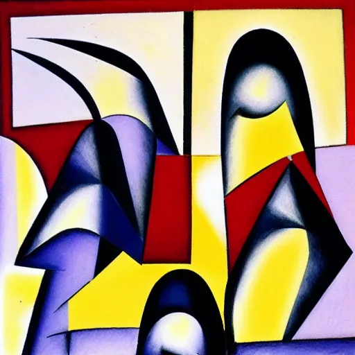 Prompt: woman woman and her sisters bake bread and greet the day at sunrise, abstract art in the style of cubism and georgia o’keefe ,