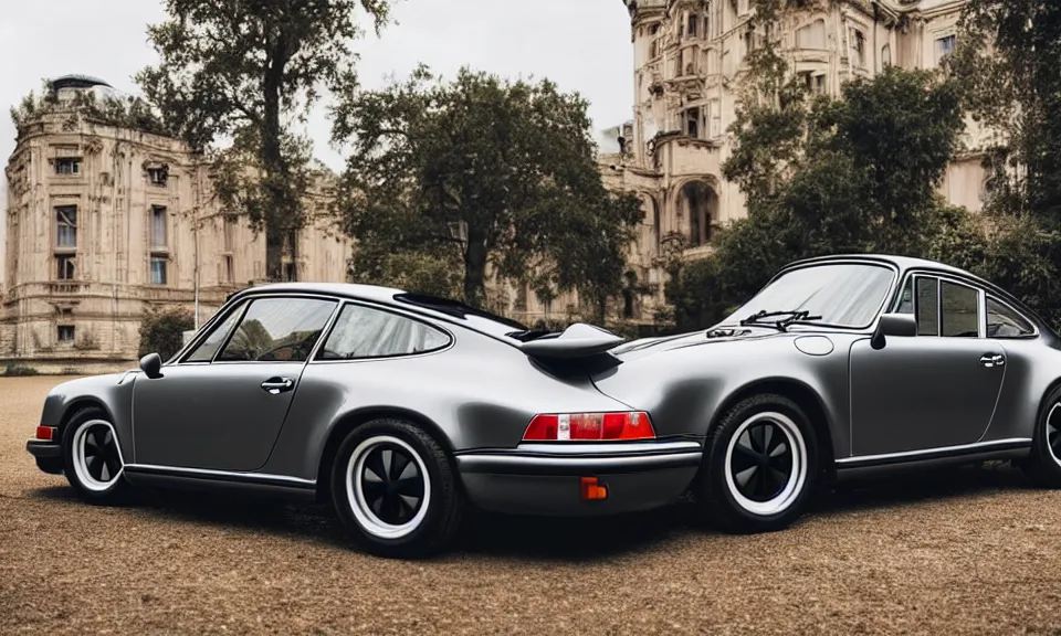 Prompt: photo of a retro porsche 911 in a beautiful palace