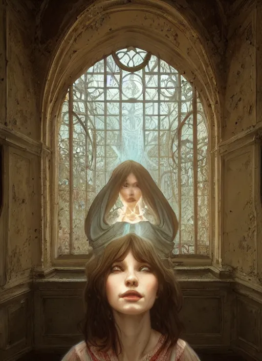 Image similar to perfectly - centered - portrait of a beautiful lady inside abandoned asylum, light comes from the window, intricate, highly detailed, digital painting, artstation, concept art, smooth, sharp focus, illustration, unreal engine 5, 8 k, art by artgerm and greg rutkowski and alphonse mucha