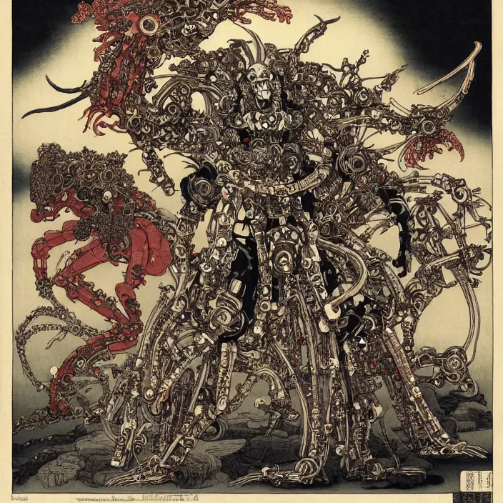 Image similar to still frame from Prometheus by Utagawa Kuniyoshi, lich god Dr doom in ornate bio cybernetic bone armour powered by magic and souls by Wayne Barlowe by peter Mohrbacher by Giger, dressed by Alexander McQueen and by Neri Oxman, metal couture hate couture editorial