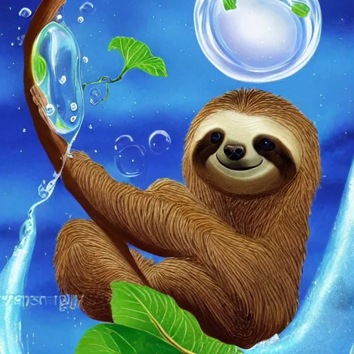 Image similar to a fantasy artwork of a sloth having a bubble bath