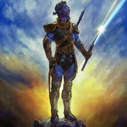 Image similar to a full body shot from distance of a great soldier with a yellow and blue flag standing in the beam of light from the clouds in a triumph after battle, western, masculine figure, D&D, fantasy, intricate, elegant, highly detailed, digital painting, artstation, concept art, matte, sharp focus, symmetrical, illustration, art by Artgerm and Greg Rutkowski and Alphonse Mucha